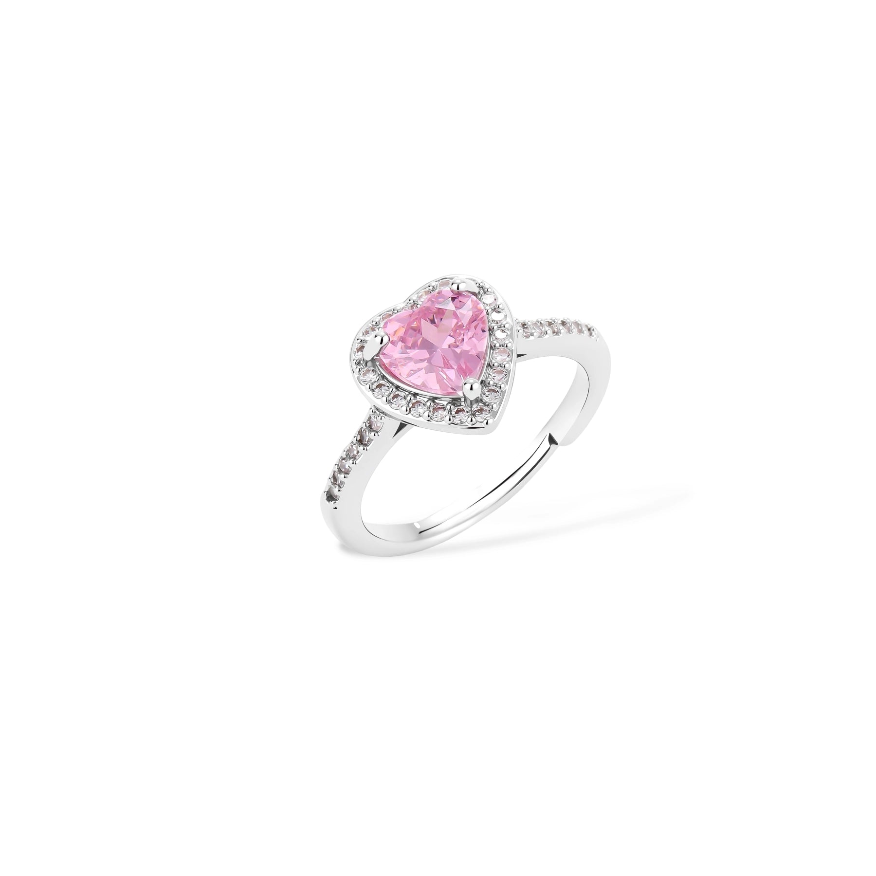 Pink heart-shaped cubic zirconia jewelry set with white gold plating featuring necklace, earrings, bracelet and ring