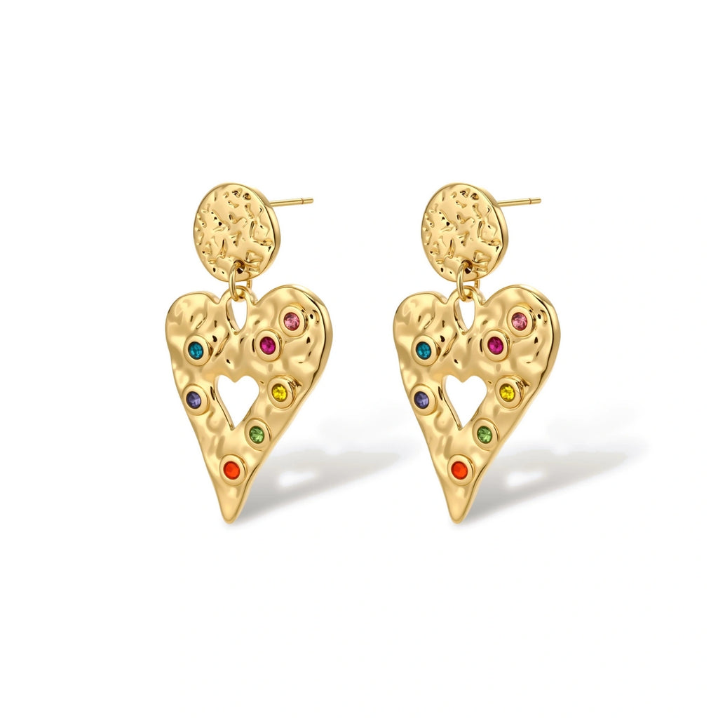Gold hammered heart drop earrings with rainbow cubic zirconia stones and textured coin stud, 18K gold plated stainless steel.