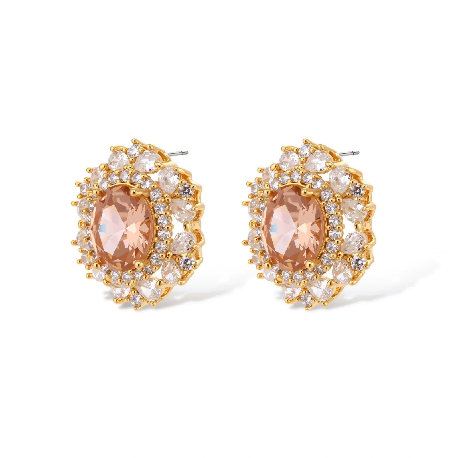 Ornate gold-plated jewelry set featuring peach center stone surrounded by clear AAA cubic zirconia crystals