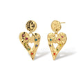 Gold hammered heart drop earrings with rainbow cubic zirconia stones and textured coin stud, 18K gold plated stainless steel.