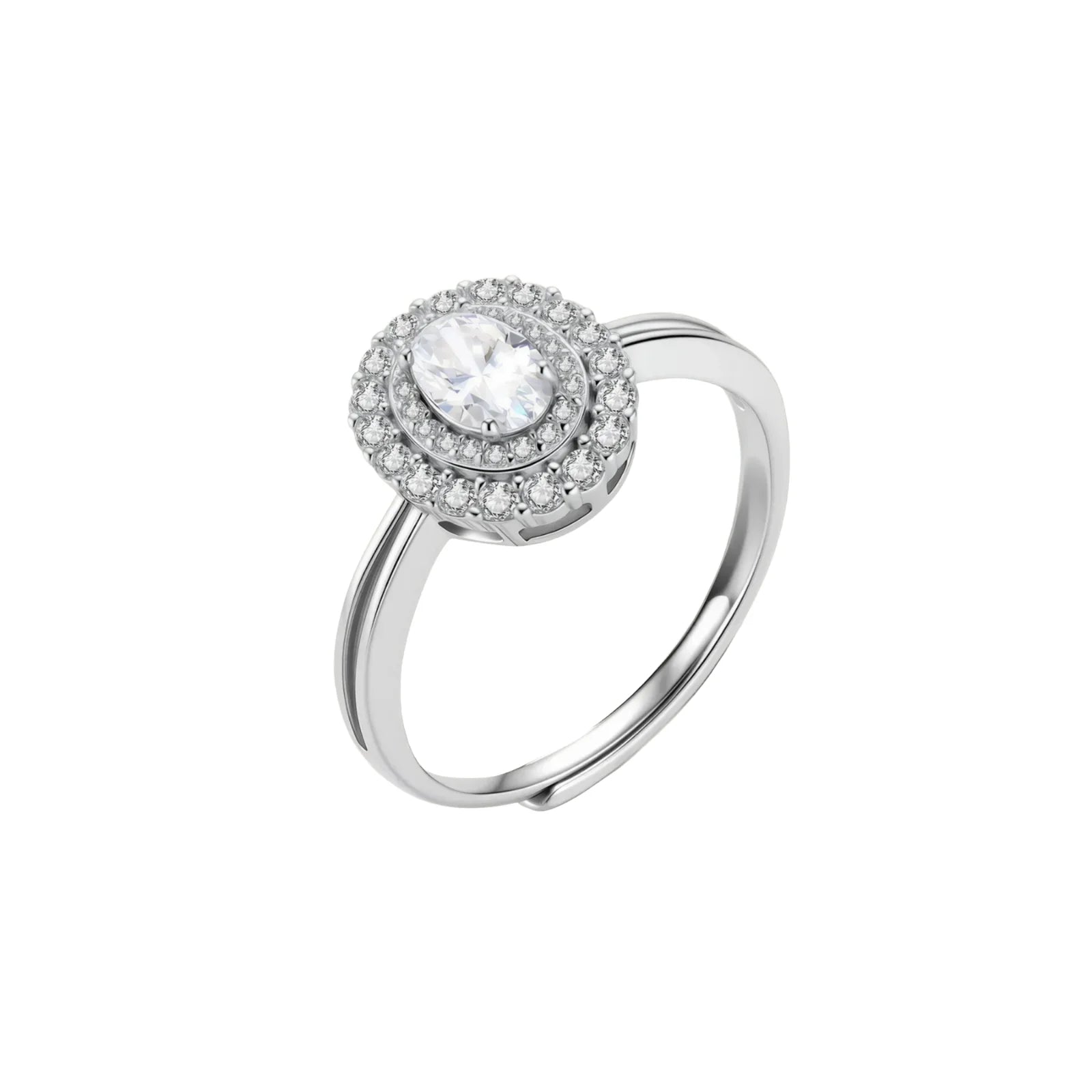 Sterling silver ring with oval moissanite center stone surrounded by double halo of sparkling stones on neutral background.