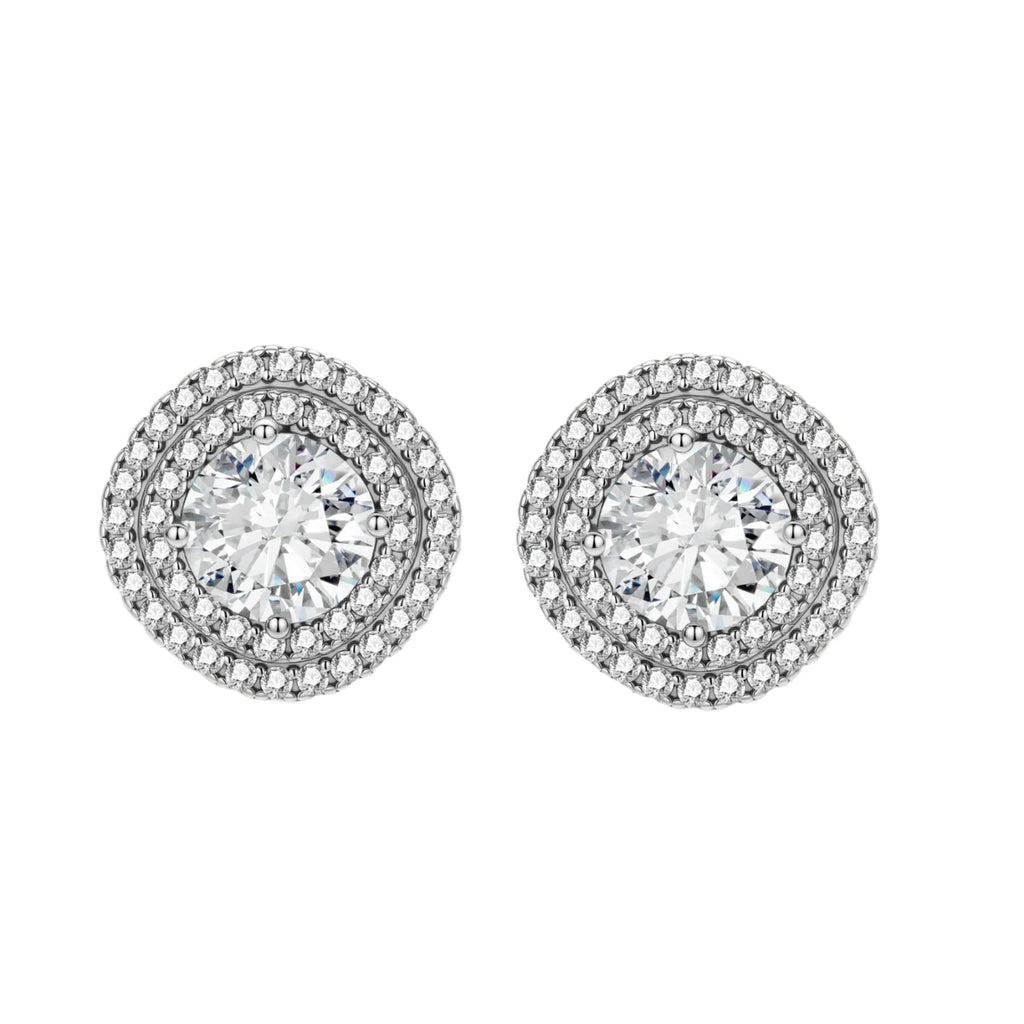 Double halo sterling silver stud earrings with brilliant round moissanite center stones and pavé crystal accents