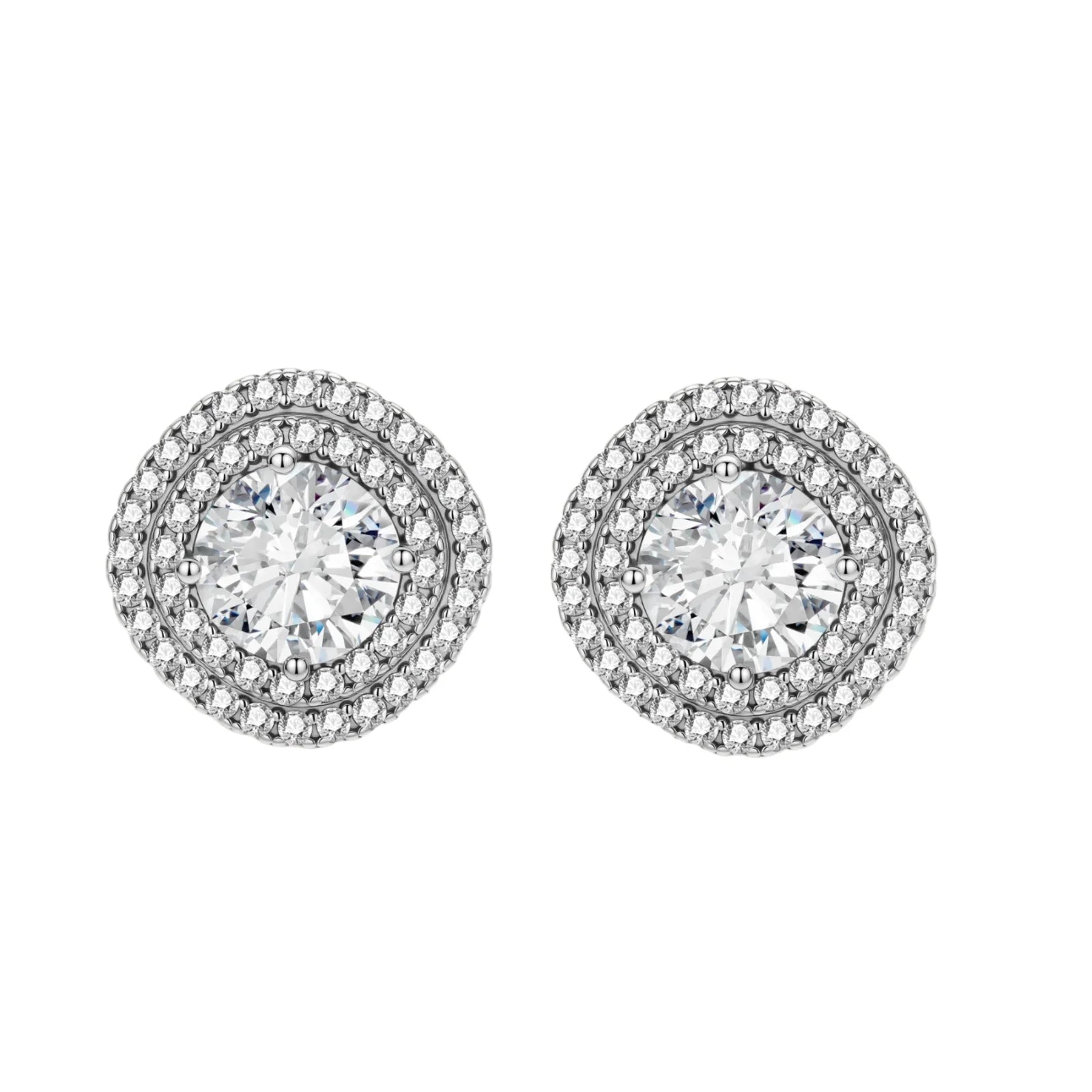 Double halo sterling silver stud earrings with brilliant round moissanite center stones and pavé crystal accents