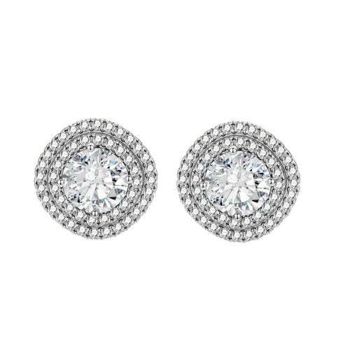 Double halo sterling silver stud earrings with brilliant round moissanite center stones and pavé crystal accents