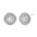 Double halo sterling silver stud earrings with brilliant round moissanite center stones and pavé crystal accents