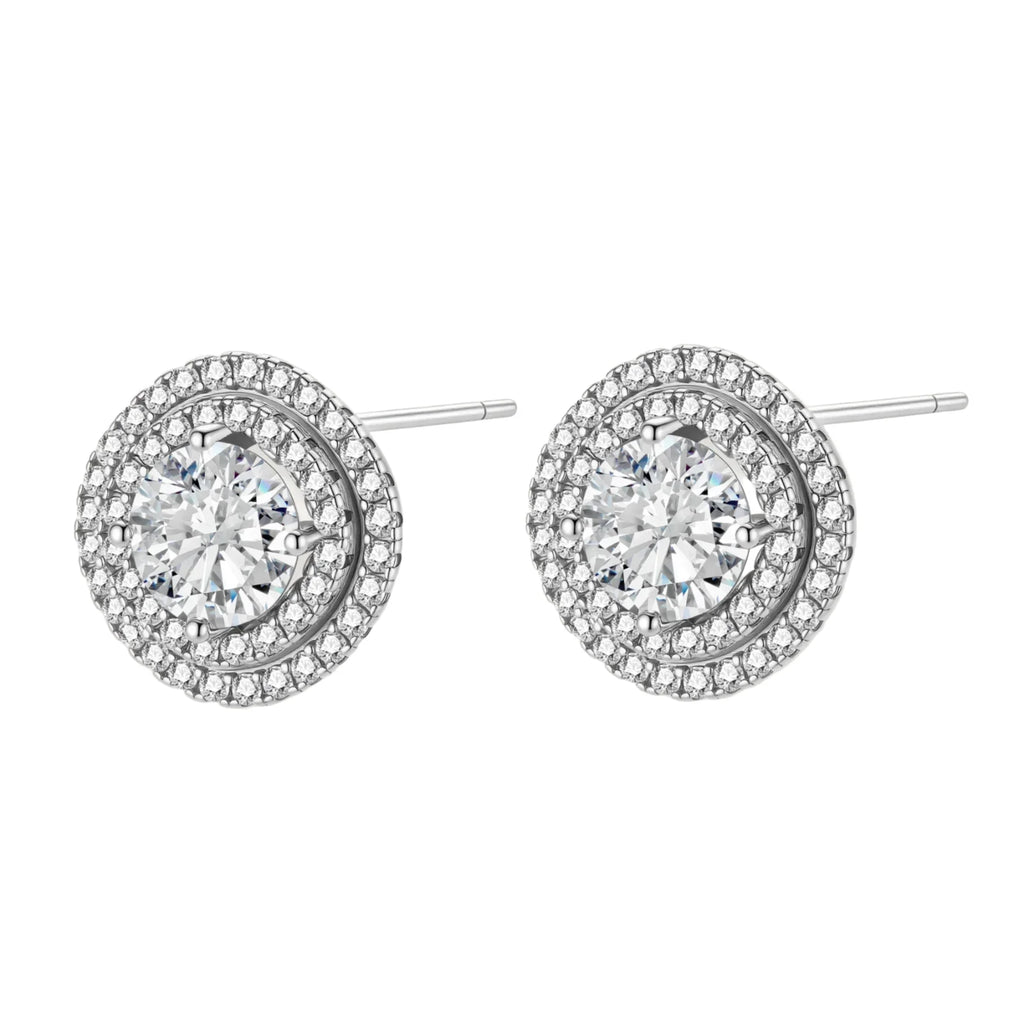 Double halo sterling silver stud earrings with brilliant round moissanite center stones and pavé crystal accents
