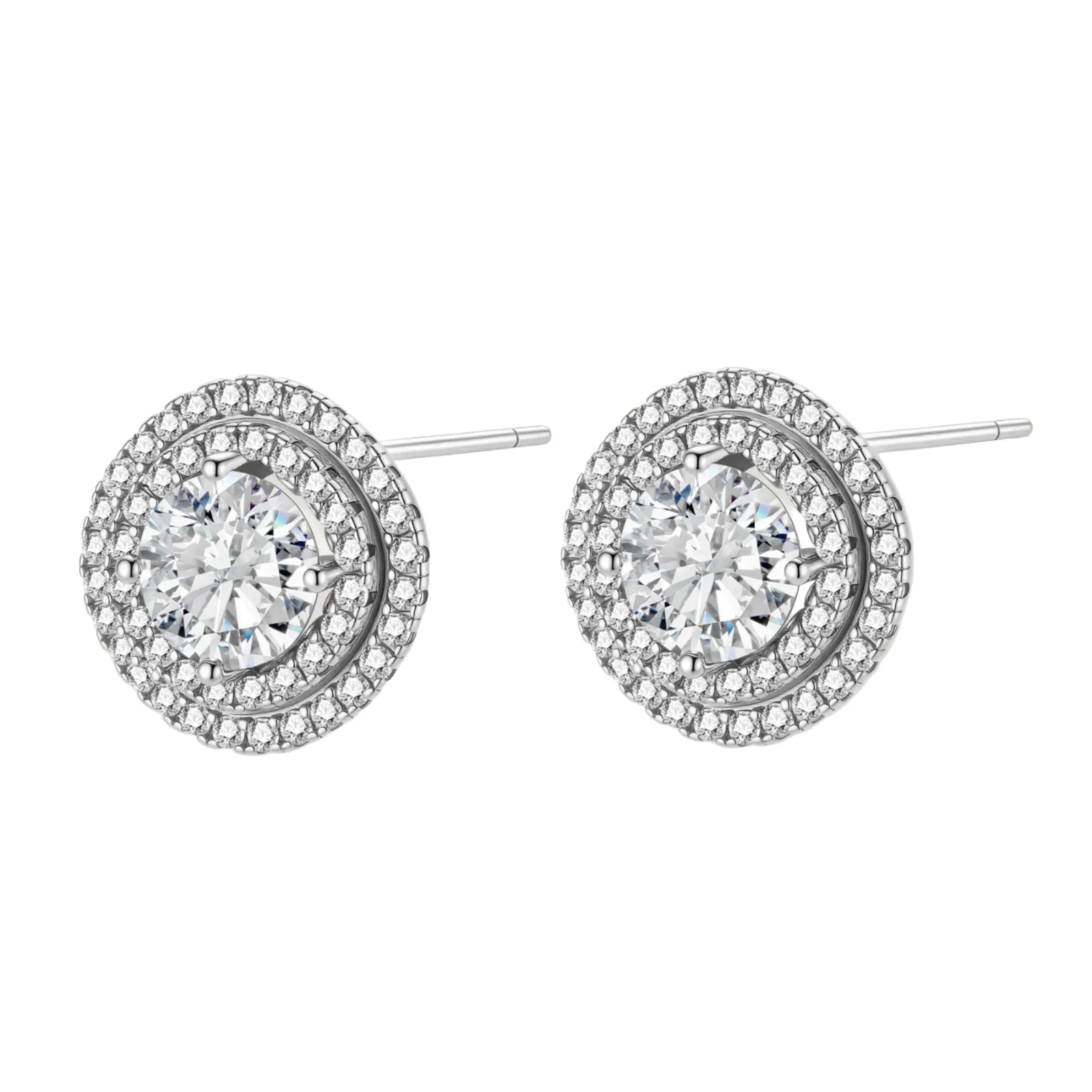 Double halo sterling silver stud earrings with brilliant round moissanite center stones and pavé crystal accents