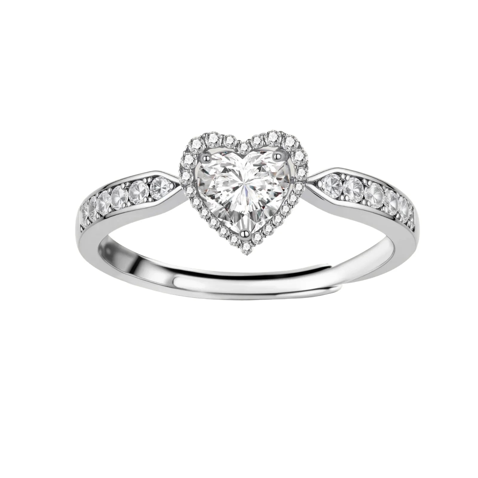 Complete jewelry set with heart-shaped sterling silver pieces featuring brilliant moissanite stones on white background.