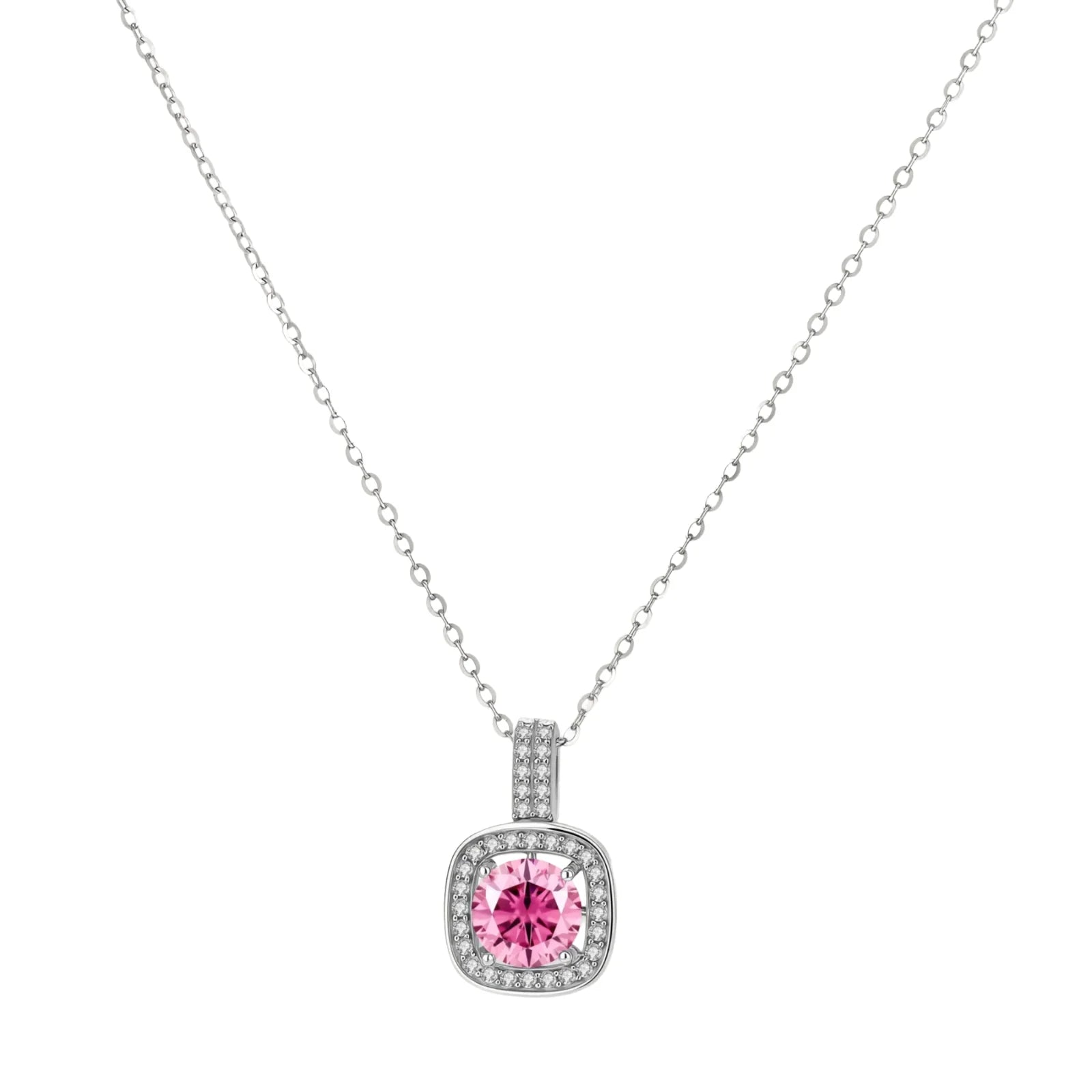 Sterling silver jewelry set featuring pink moissanite stones in halo settings on white background.