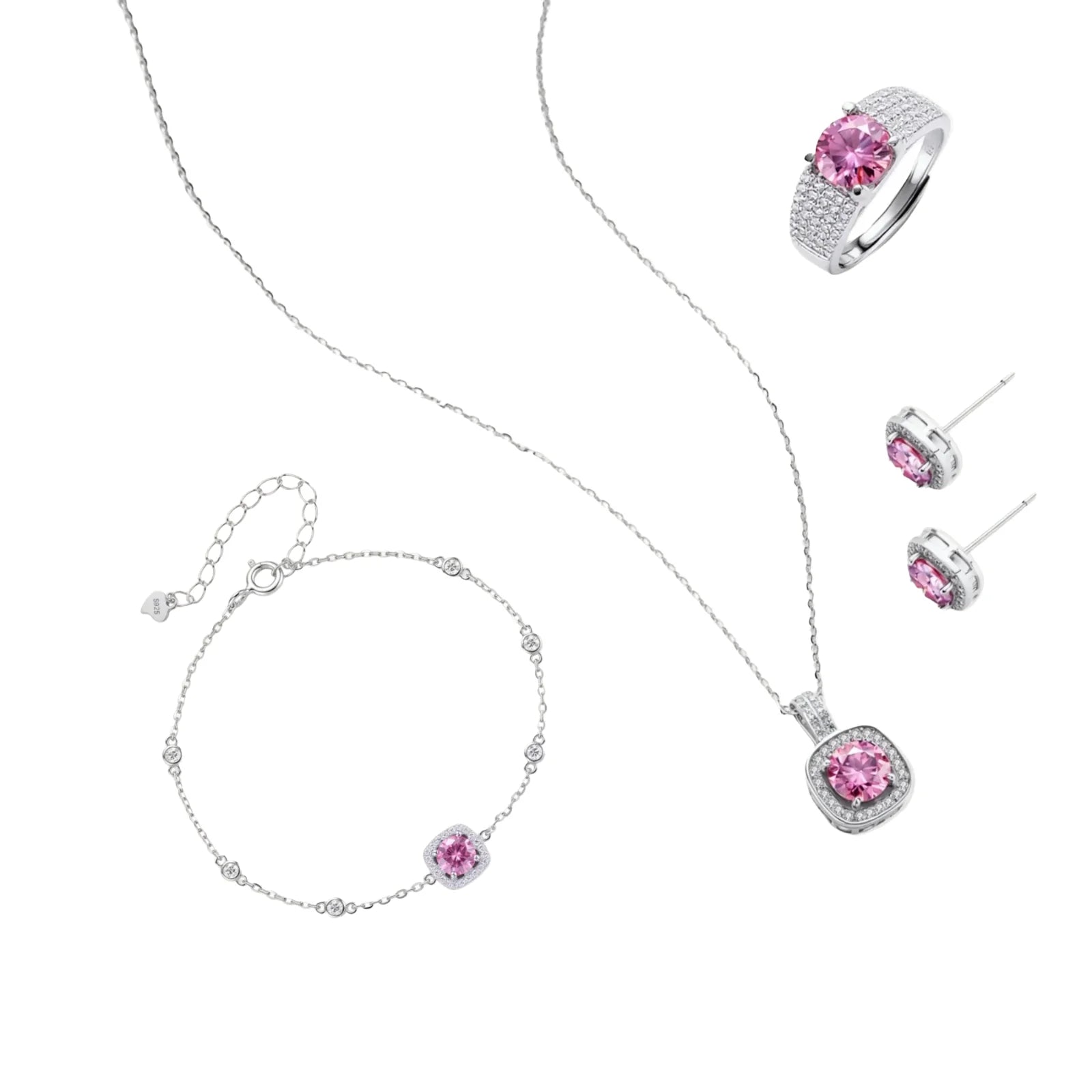 Sterling silver jewelry set featuring pink moissanite stones in halo settings on white background.