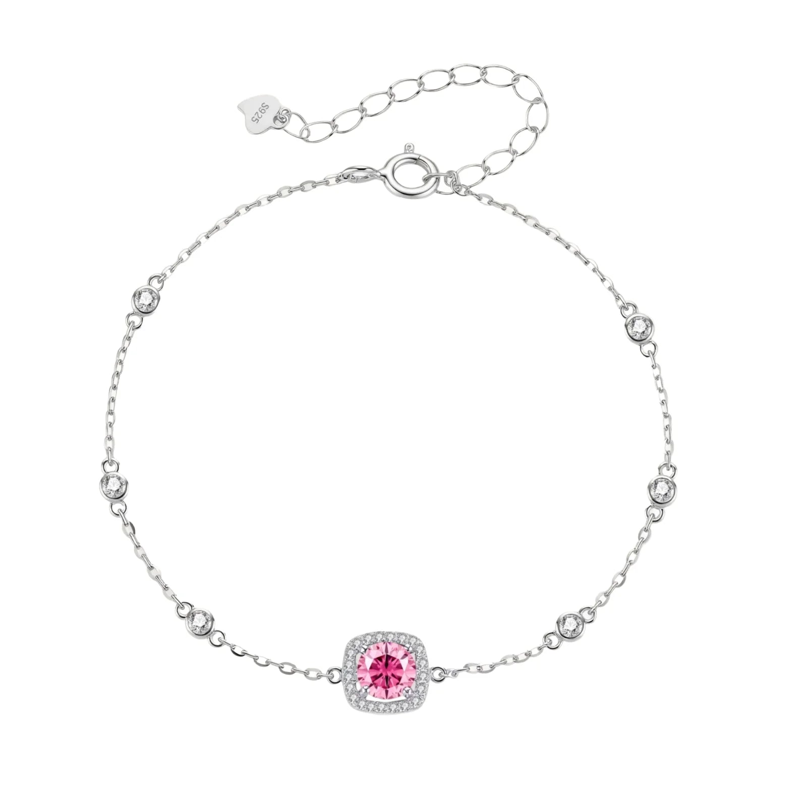 Sterling silver jewelry set featuring pink moissanite stones in halo settings on white background.