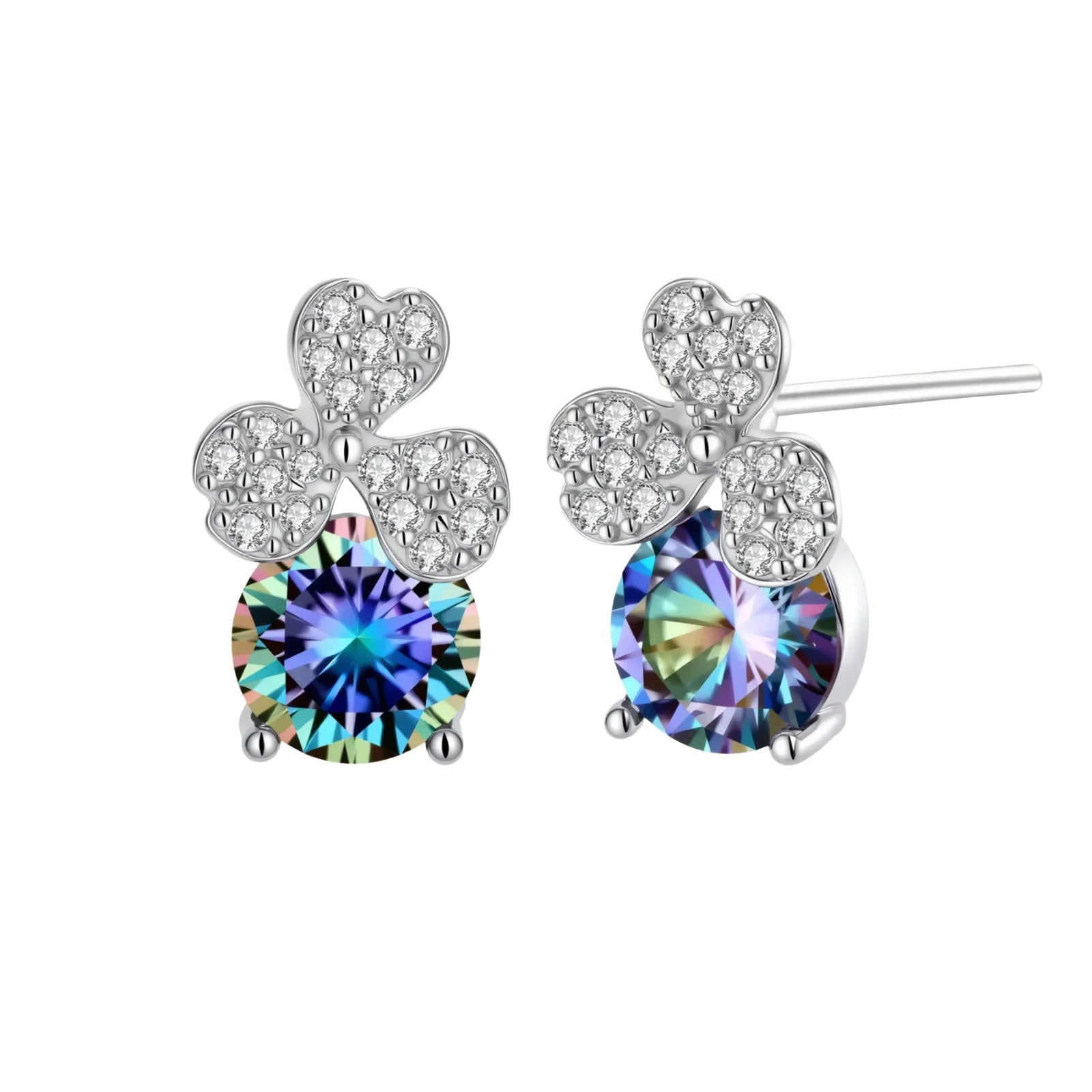 Sterling silver jewelry set with rainbow moissanite stones in clover and butterfly designs on cream background