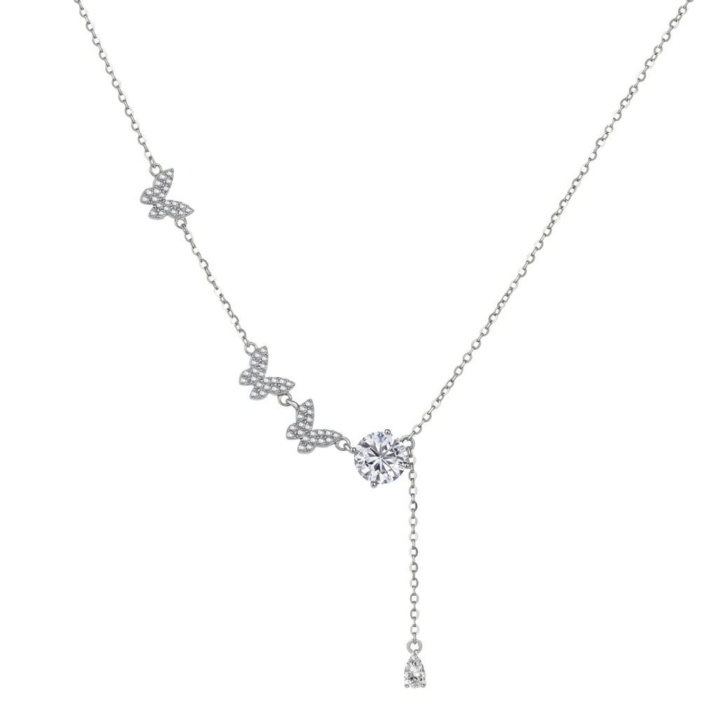 Sterling silver Y-shaped necklace with butterfly charms and brilliant moissanite stone with teardrop pendant