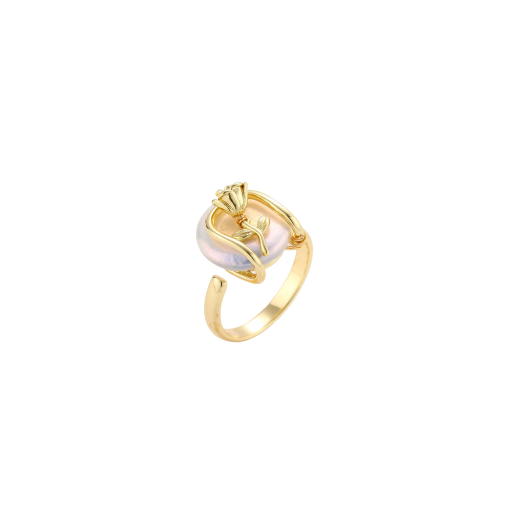 Gold-plated sculptural ring featuring a baroque pearl wrapped in a delicate rose and vine cage design