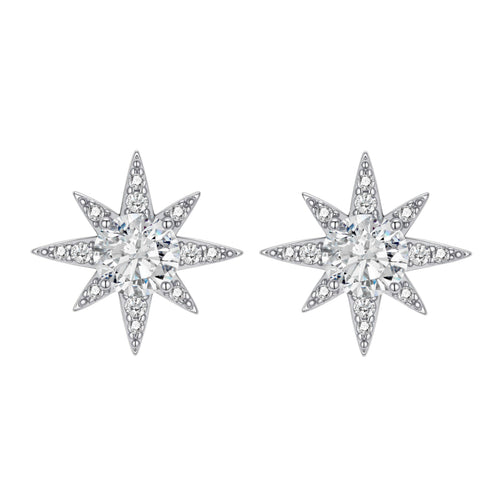 Sterling silver star-shaped stud earrings with brilliant moissanite center stones and pavé details on neutral background.