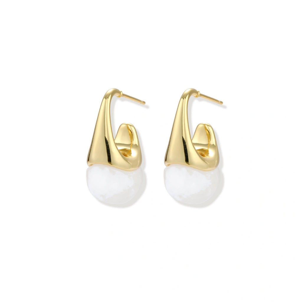 Pair of small gold-plated hoop earrings with triangular cone fronts and curved backs on white background.