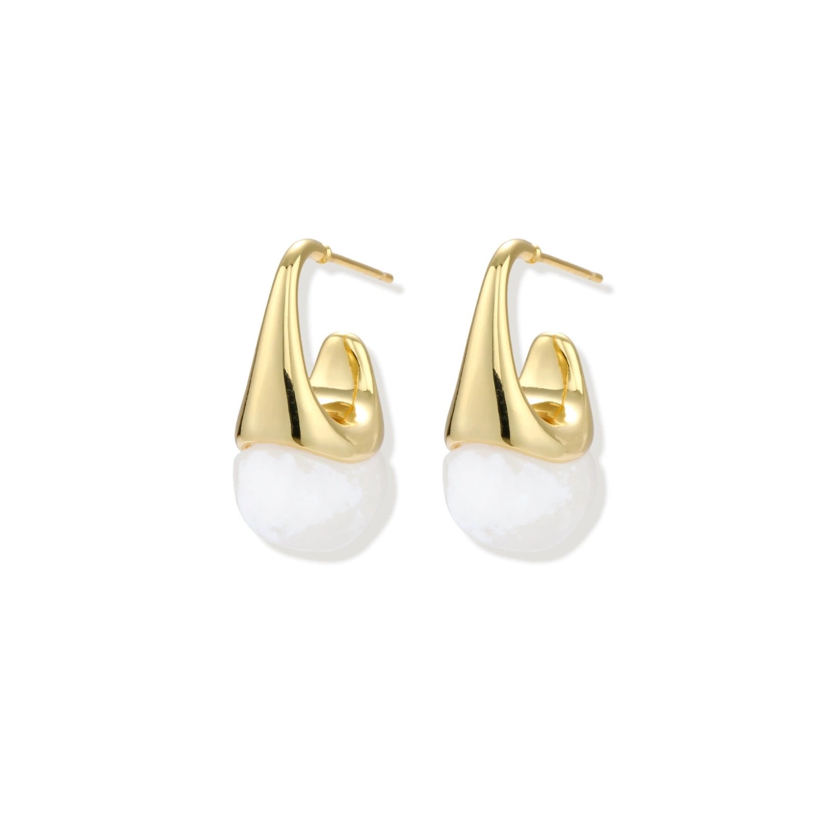 Pair of small gold-plated hoop earrings with triangular cone fronts and curved backs on white background.