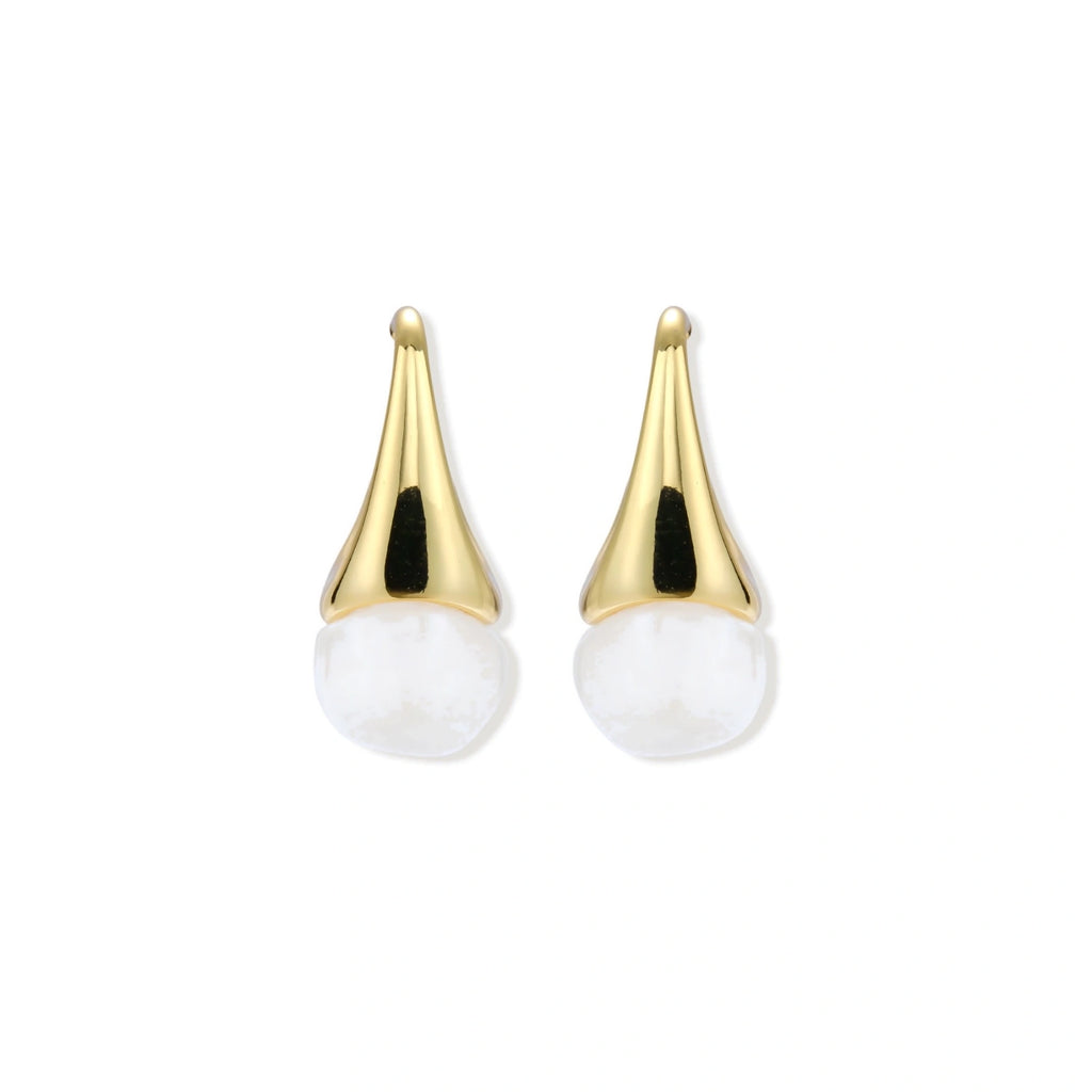 Pair of small gold-plated hoop earrings with triangular cone fronts and curved backs on white background.