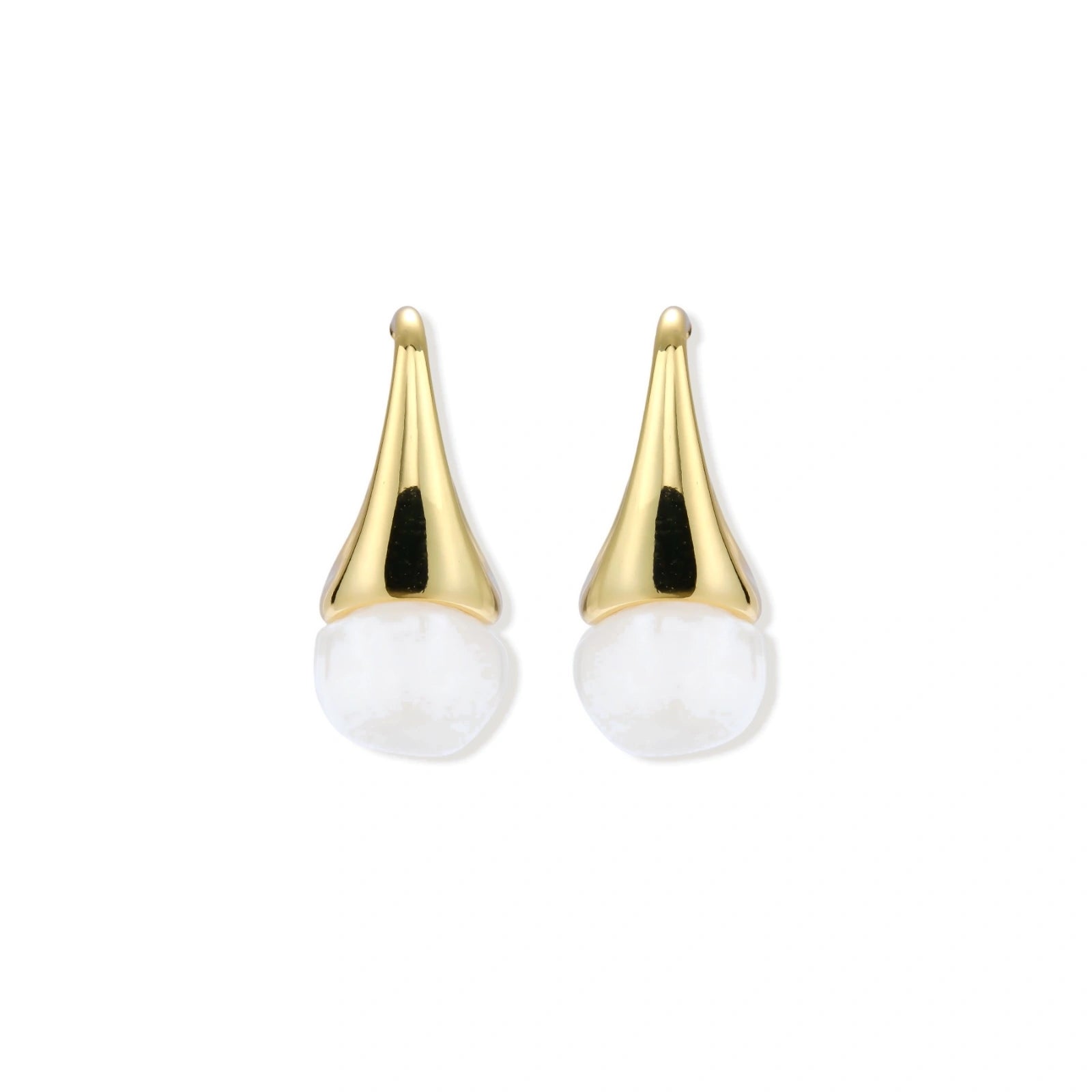 Pair of small gold-plated hoop earrings with triangular cone fronts and curved backs on white background.