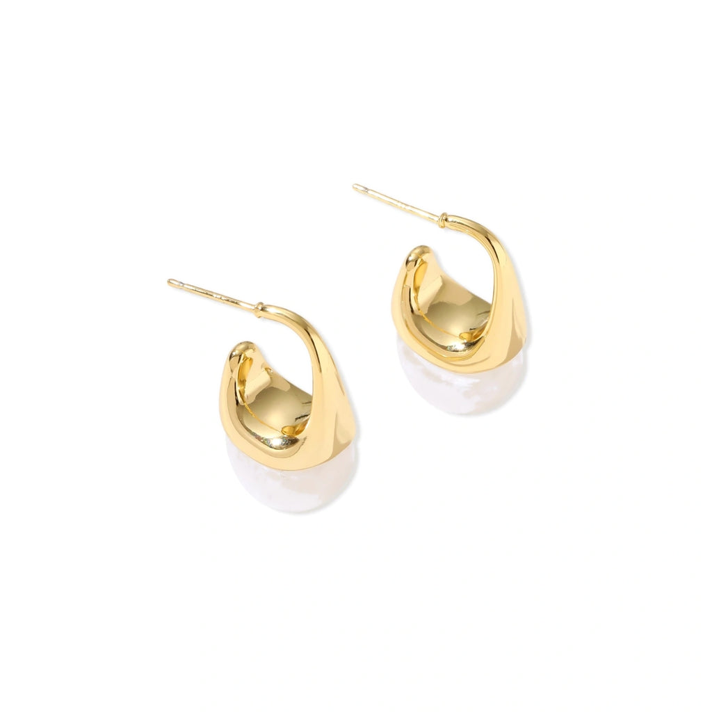 Pair of small gold-plated hoop earrings with triangular cone fronts and curved backs on white background.