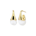 Pair of small gold-plated hoop earrings with triangular cone fronts and curved backs on white background.