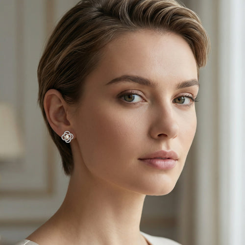 925 Sterling Silver Pearl & Pavé Crystal Floral Stud Earrings