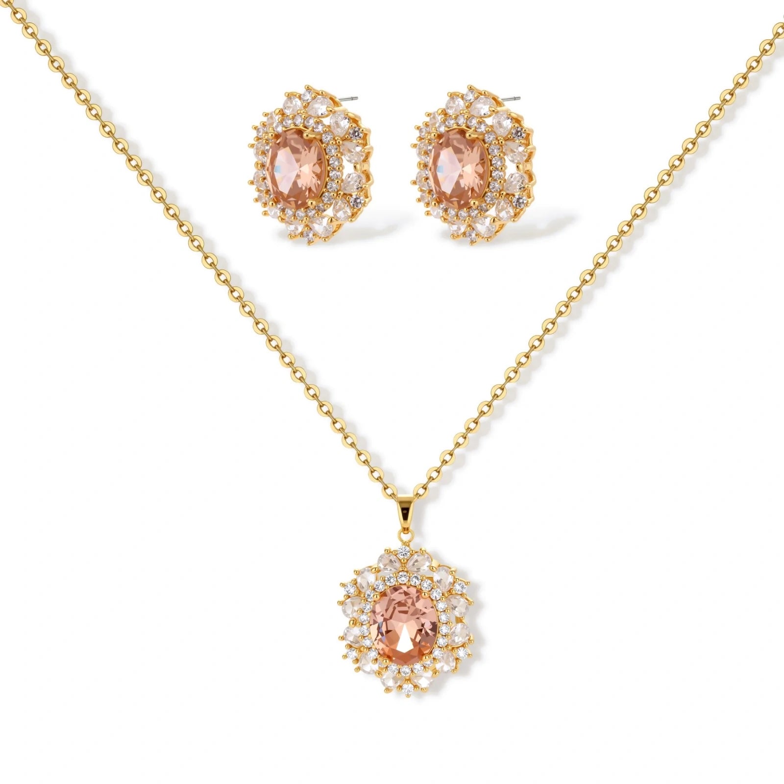 Ornate gold-plated jewelry set featuring peach center stone surrounded by clear AAA cubic zirconia crystals