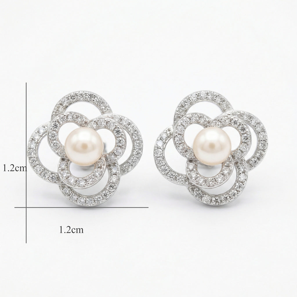 925 Sterling Silver Pearl & Pavé Crystal Floral Stud Earrings