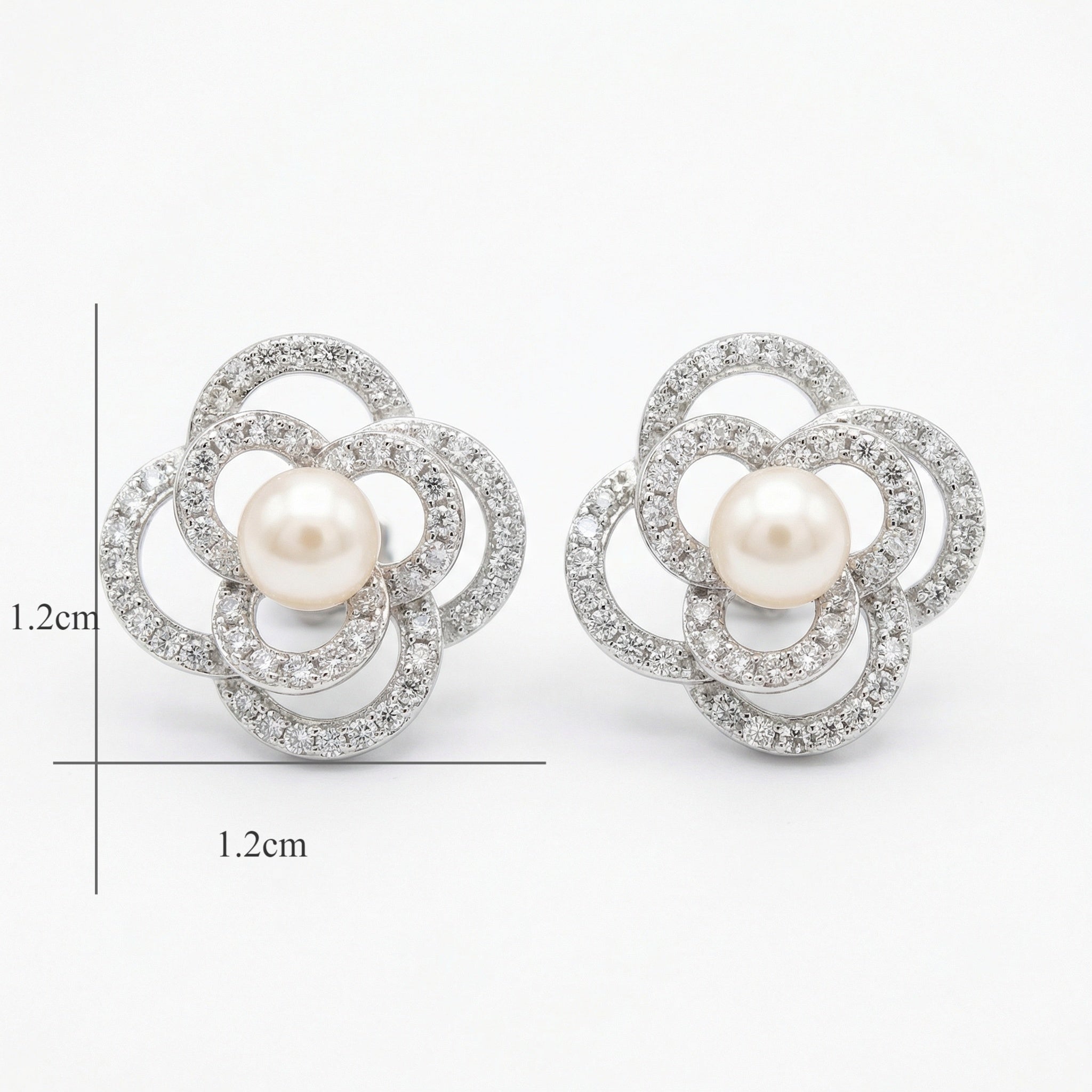 925 Sterling Silver Pearl & Pavé Crystal Floral Stud Earrings