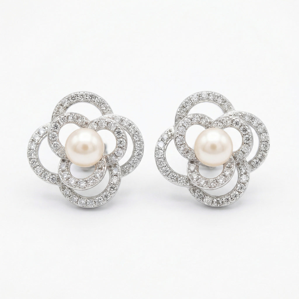 925 Sterling Silver Pearl & Pavé Crystal Floral Stud Earrings