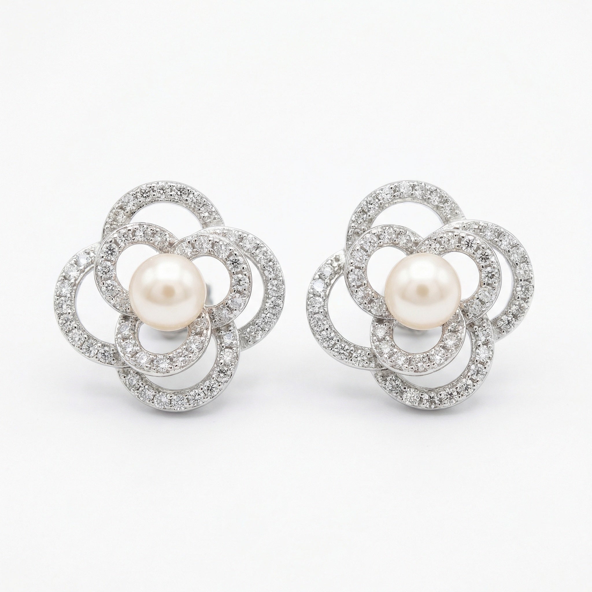 925 Sterling Silver Pearl & Pavé Crystal Floral Stud Earrings