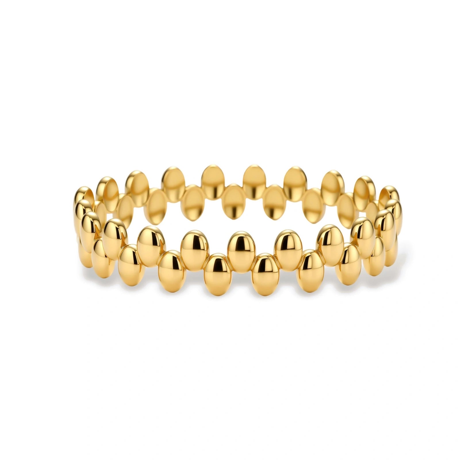 18K gold plated stainless steel bangle with dual rows of polished oval pebble beads on a cream background.