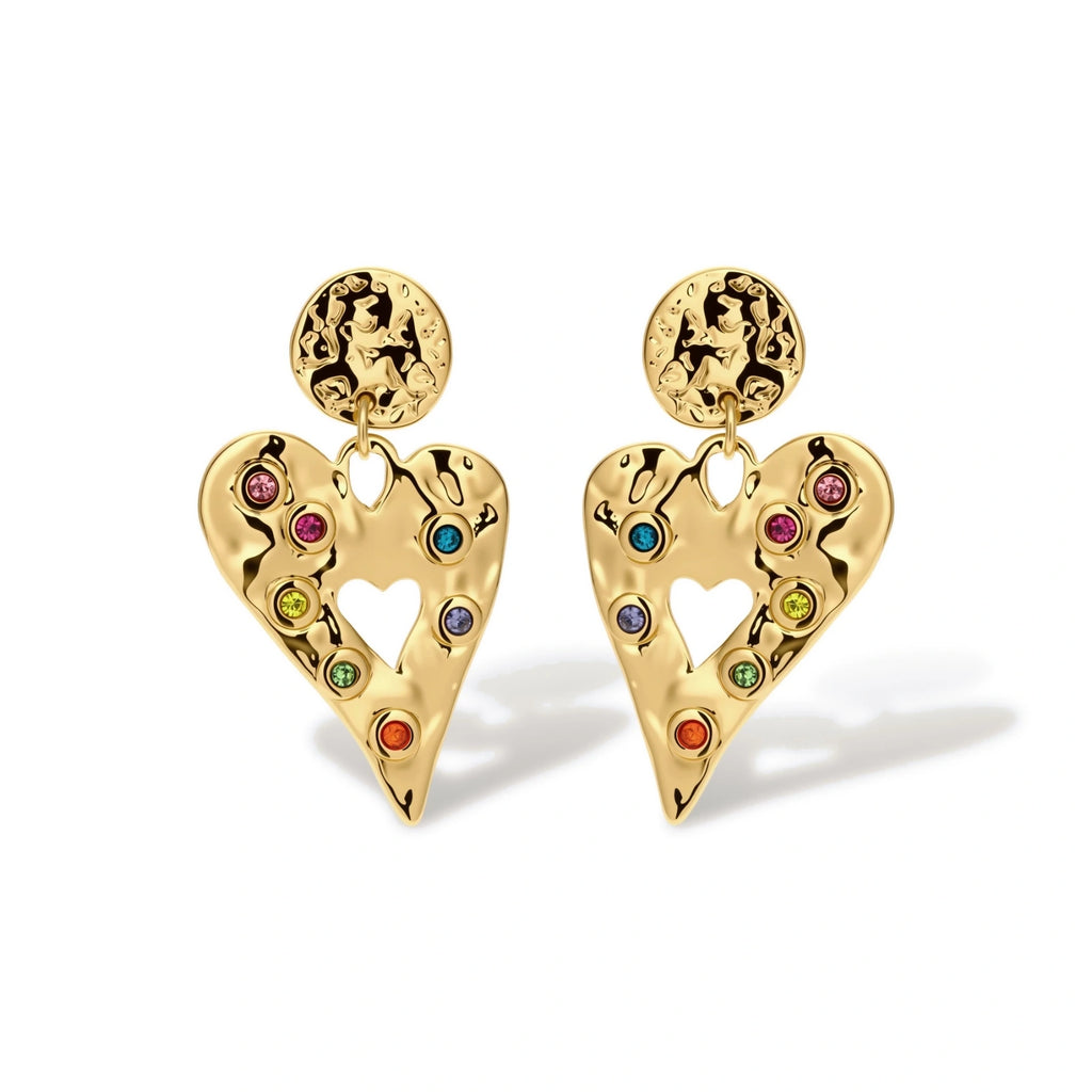 Gold hammered heart drop earrings with rainbow cubic zirconia stones and textured coin stud, 18K gold plated stainless steel.