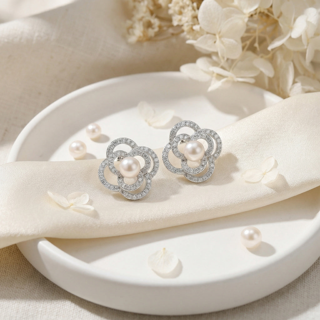 925 Sterling Silver Pearl & Pavé Crystal Floral Stud Earrings
