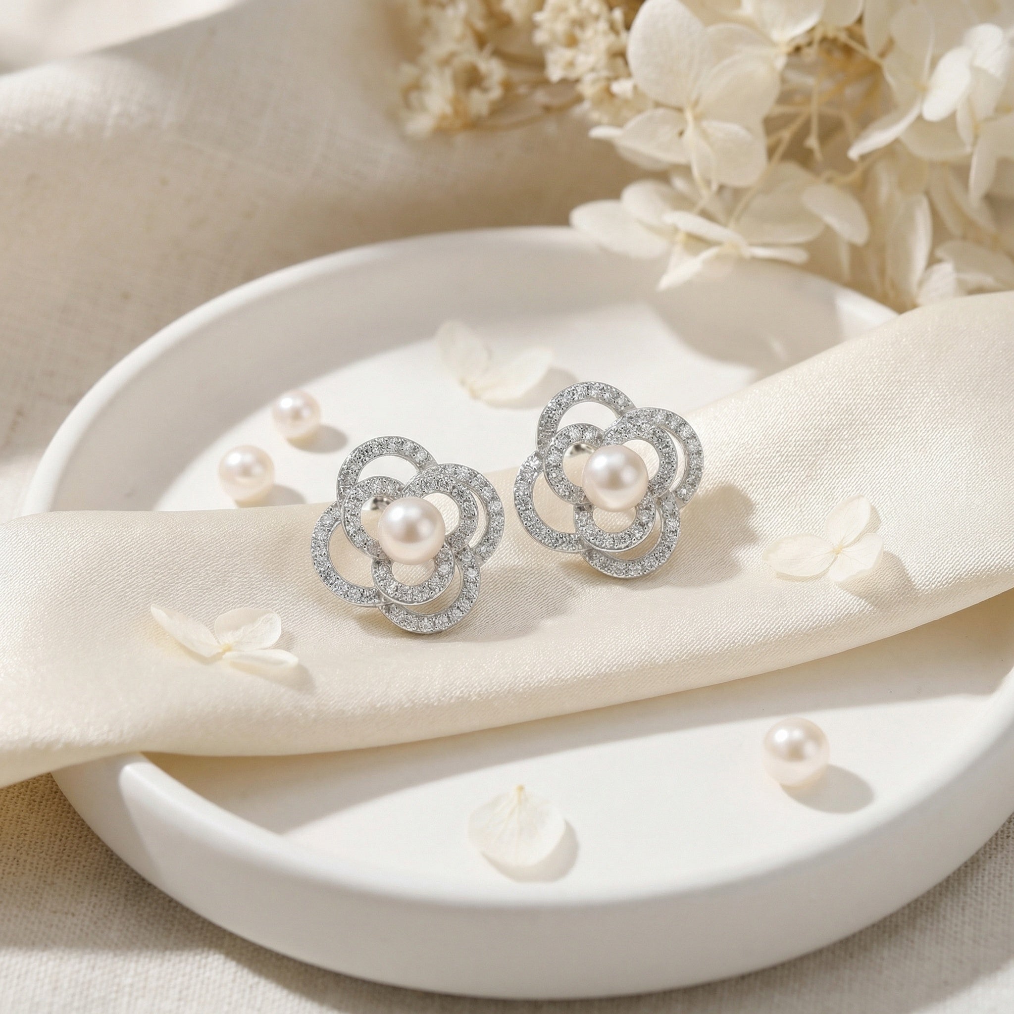 925 Sterling Silver Pearl & Pavé Crystal Floral Stud Earrings