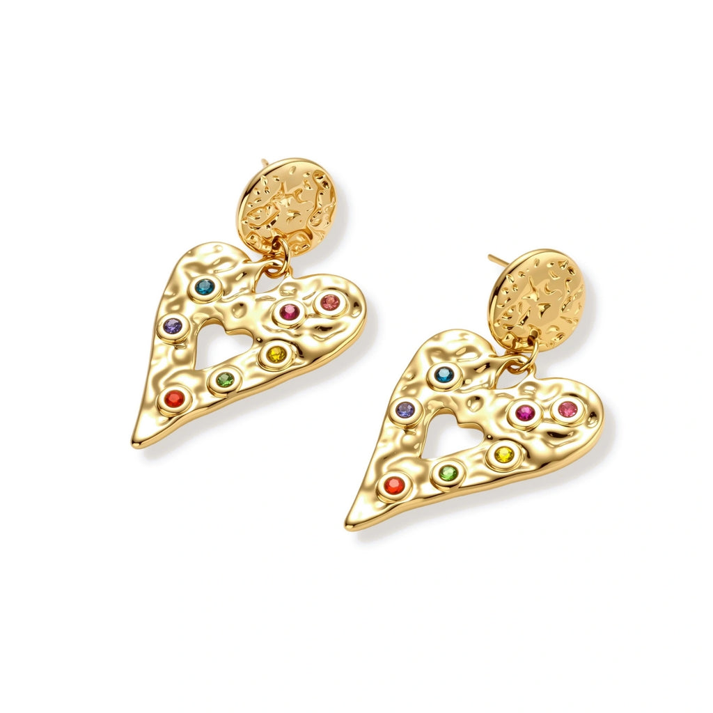 Gold hammered heart drop earrings with rainbow cubic zirconia stones and textured coin stud, 18K gold plated stainless steel.