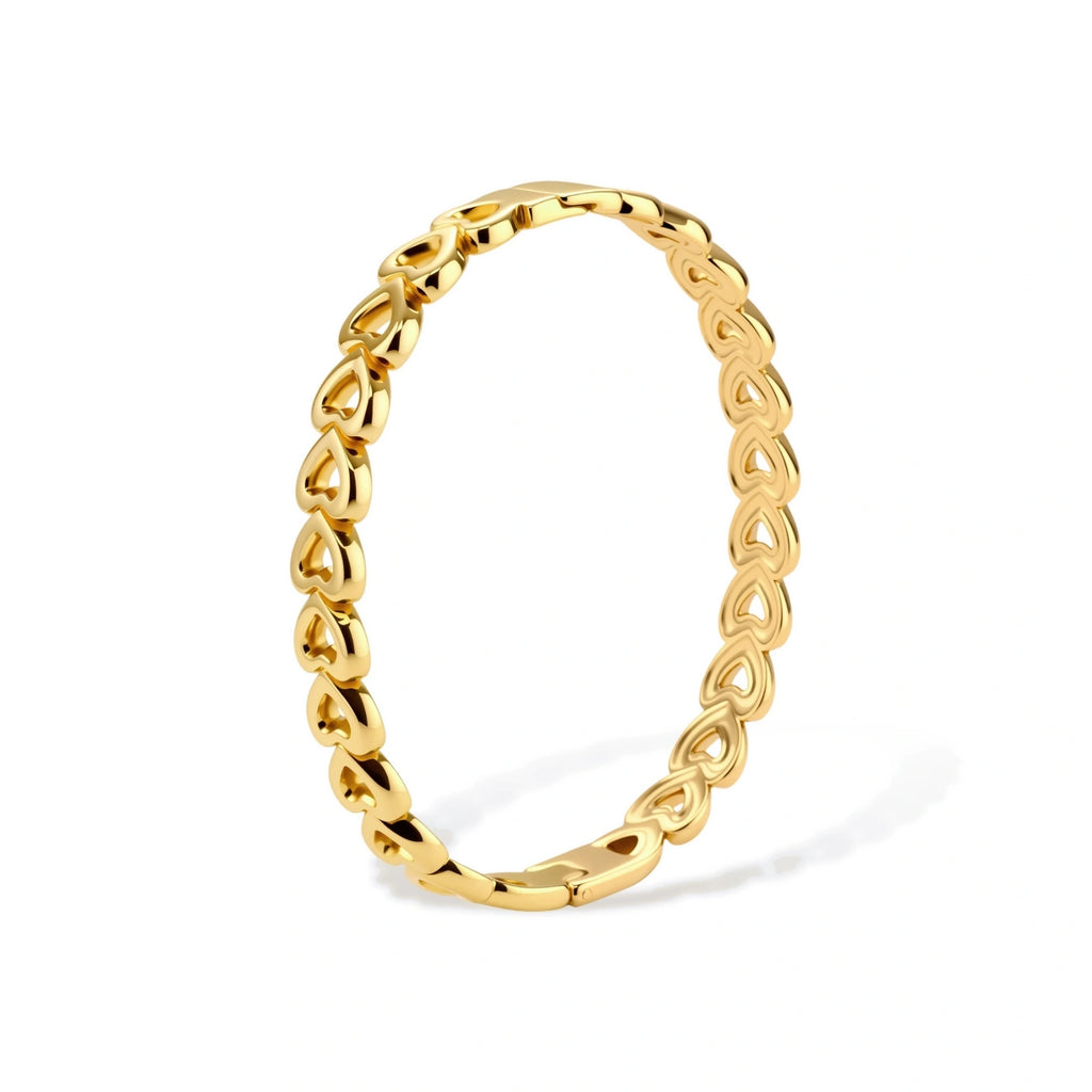Gold 18K plated stainless steel bangle with continuous open heart links, high-polish finish, on white background.