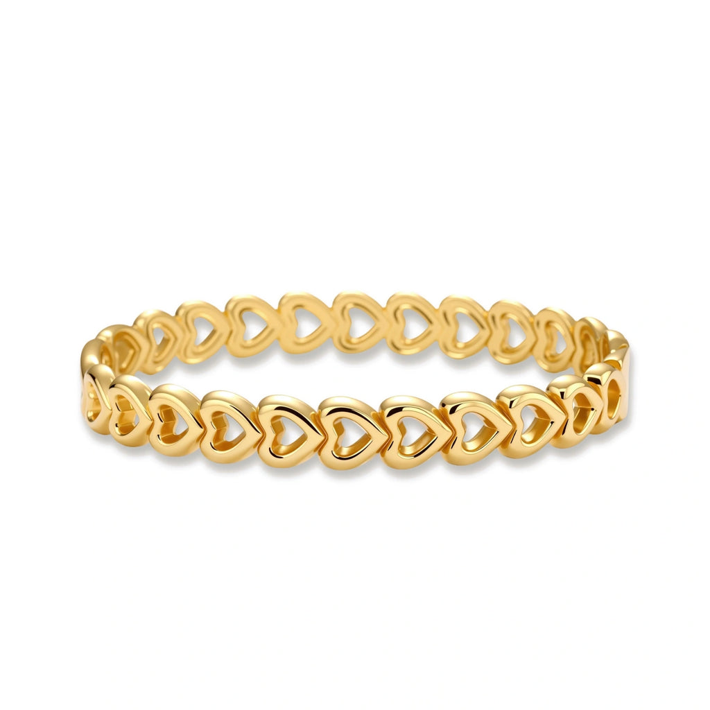 Gold 18K plated stainless steel bangle with continuous open heart links, high-polish finish, on white background.