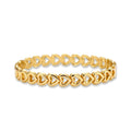 Gold 18K plated stainless steel bangle with continuous open heart links, high-polish finish, on white background.